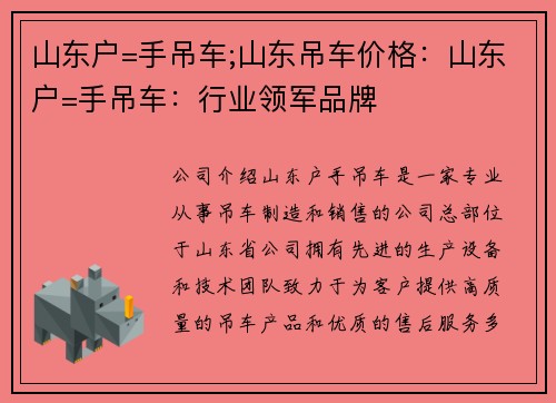 山东户=手吊车;山东吊车价格:山东户=手吊车:行业领军品牌